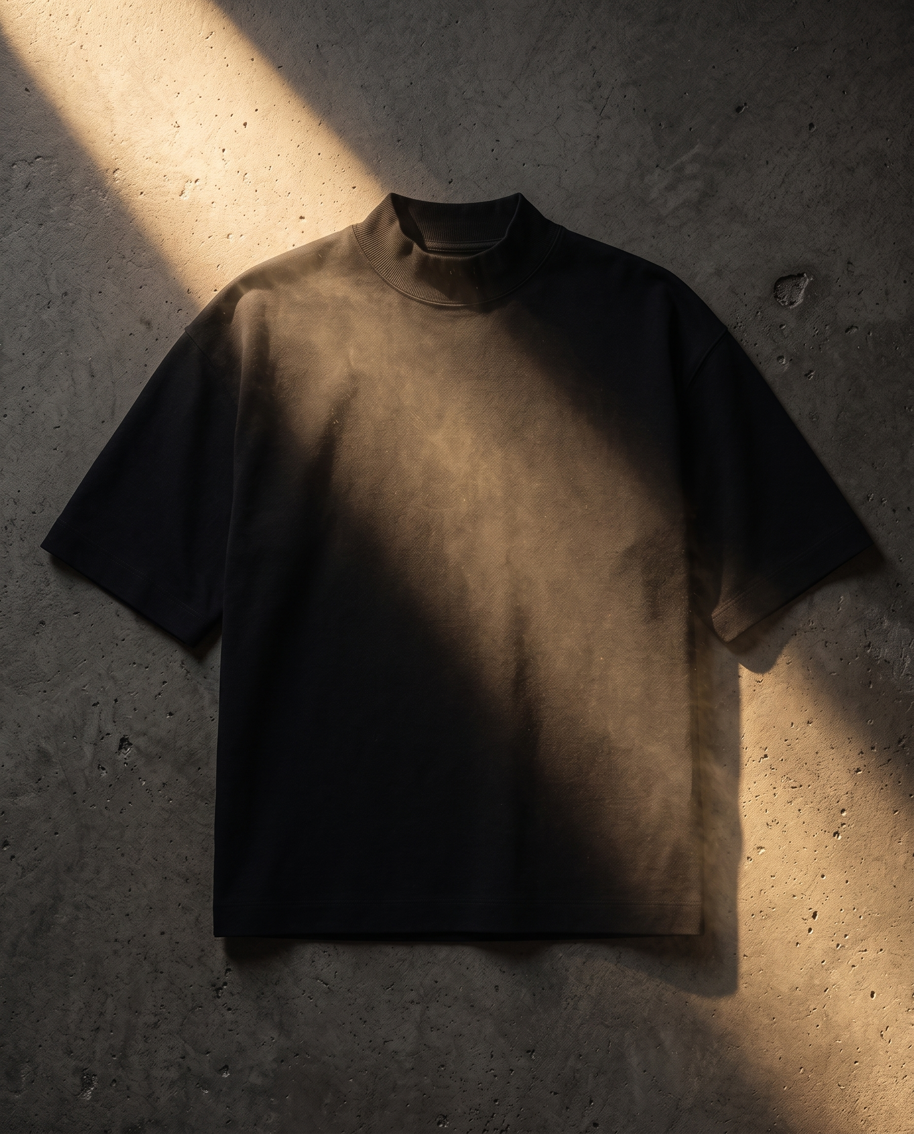 Playera negra FORM 01 sobre concreto con luz cálida