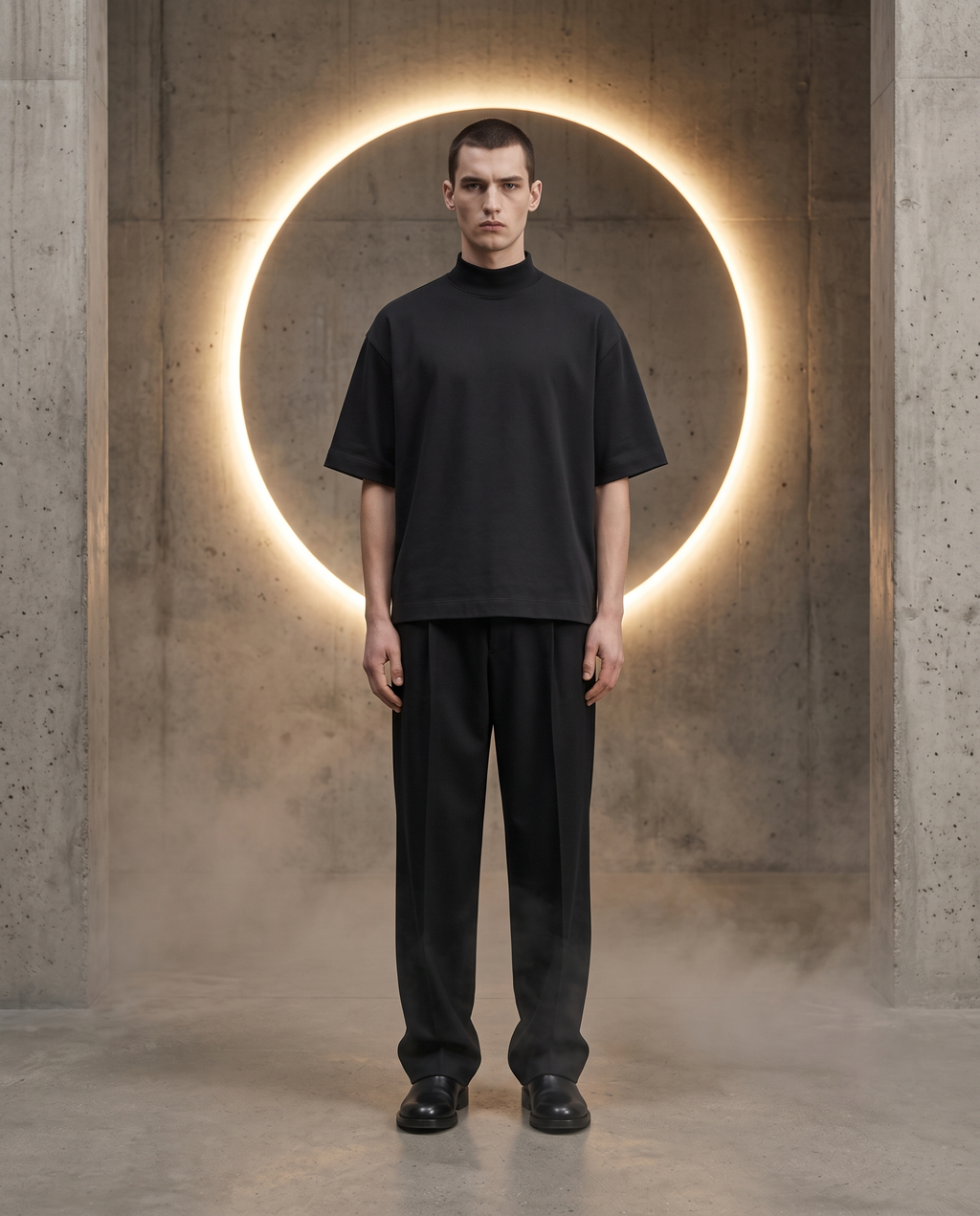 Modelo con playera negra FORM 01 frente al eclipse FVRZAN